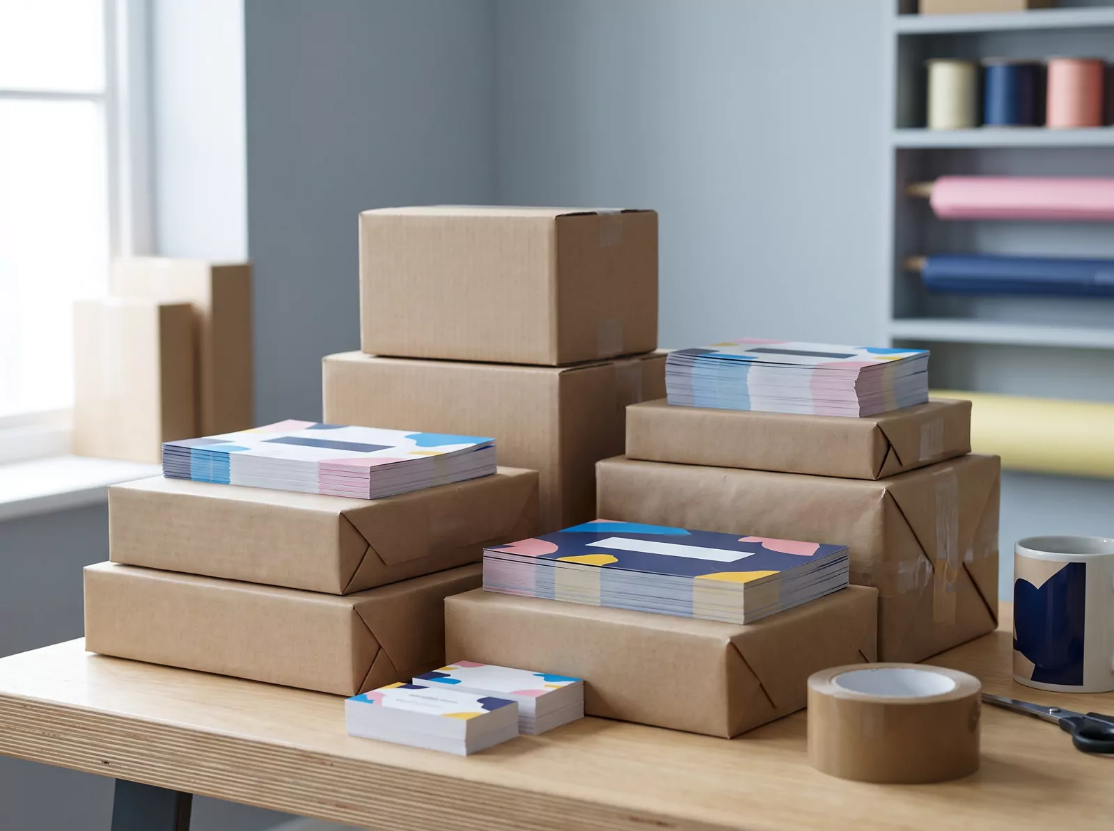 Stacked kraft cardboard boxes and bundles of printed items ready for dispatch
