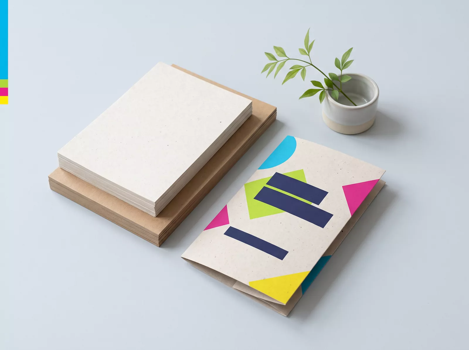 Recycled paper stock and a printed leaflet on recycled card