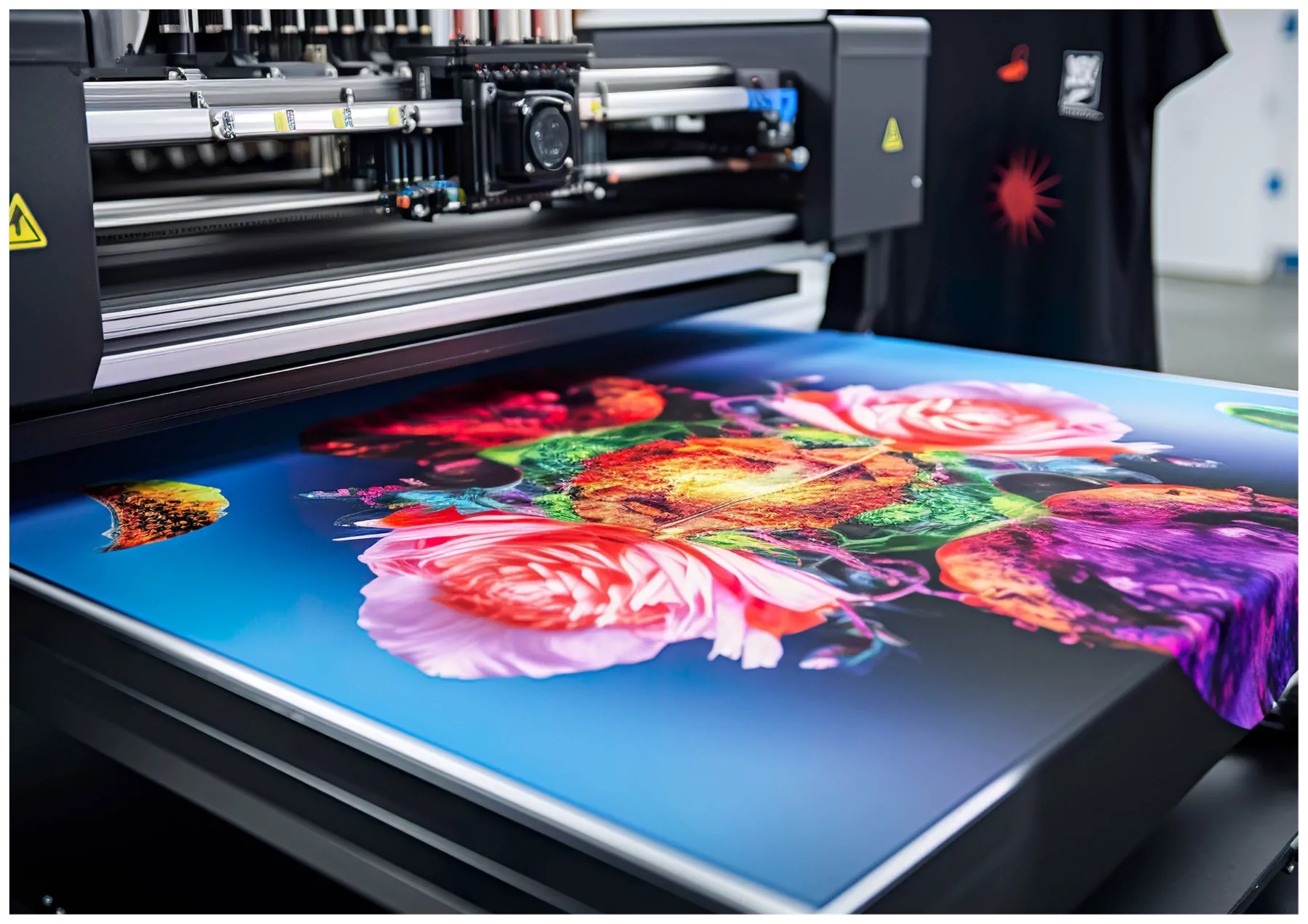 A flatbed printer printing a full-colour floral design