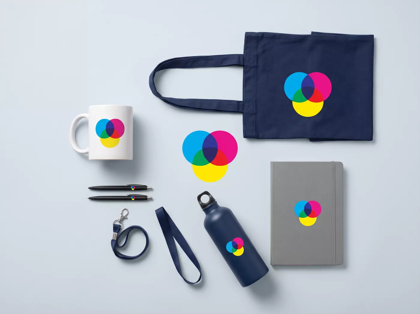 Branded mug, tote bag, notebook, bottle, pens and lanyard