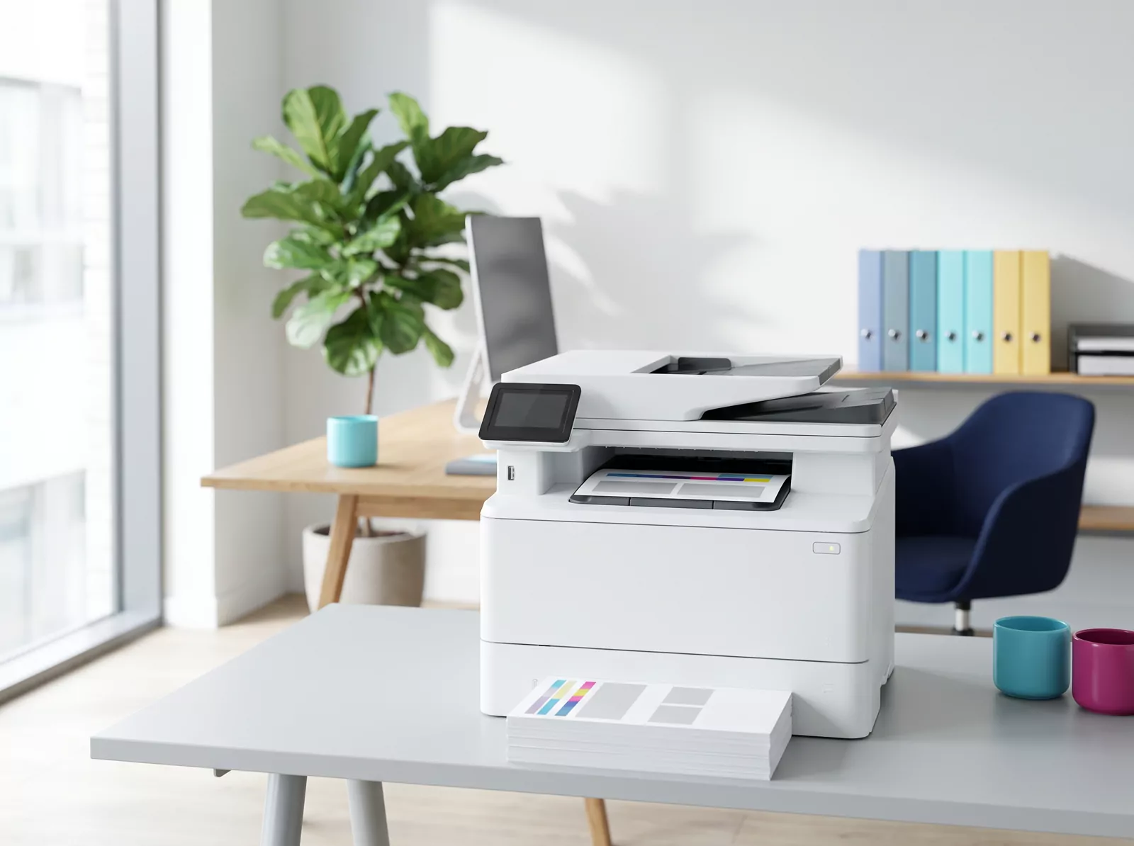 A multifunction printer in a bright office