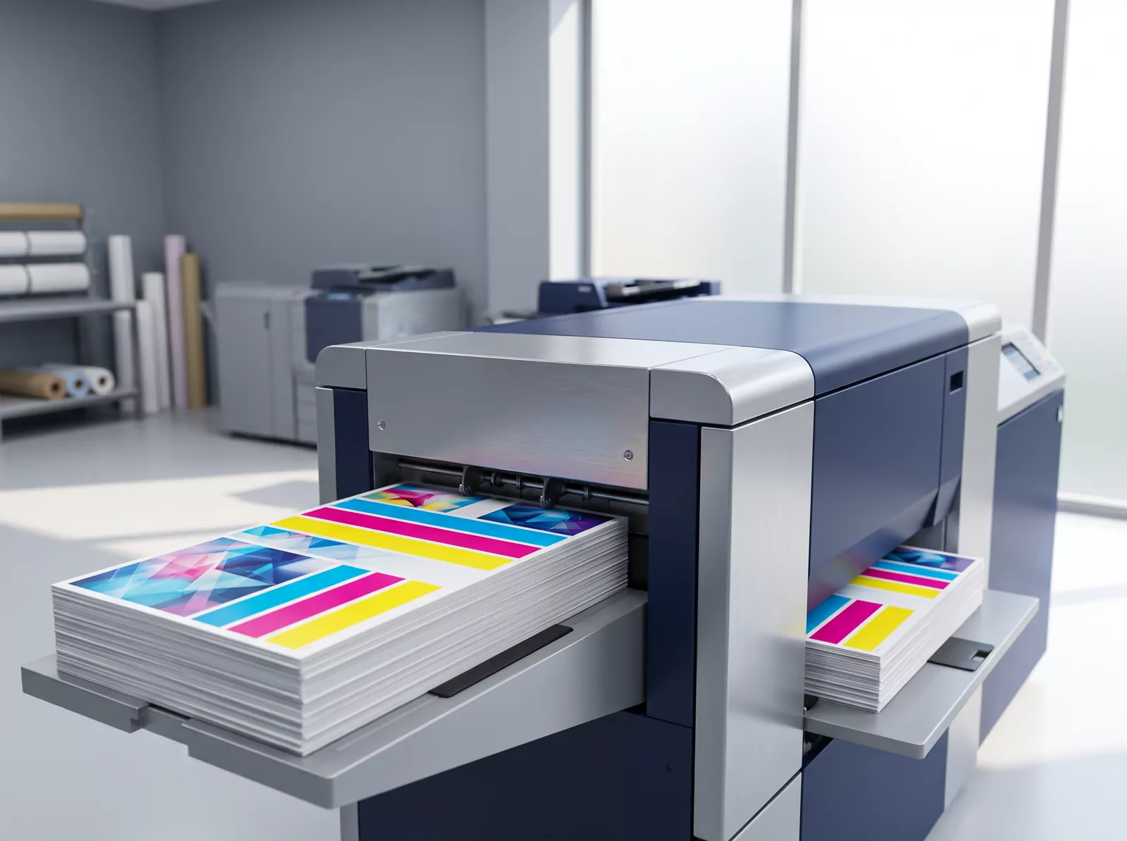A digital printing press with printed sheets on the output tray